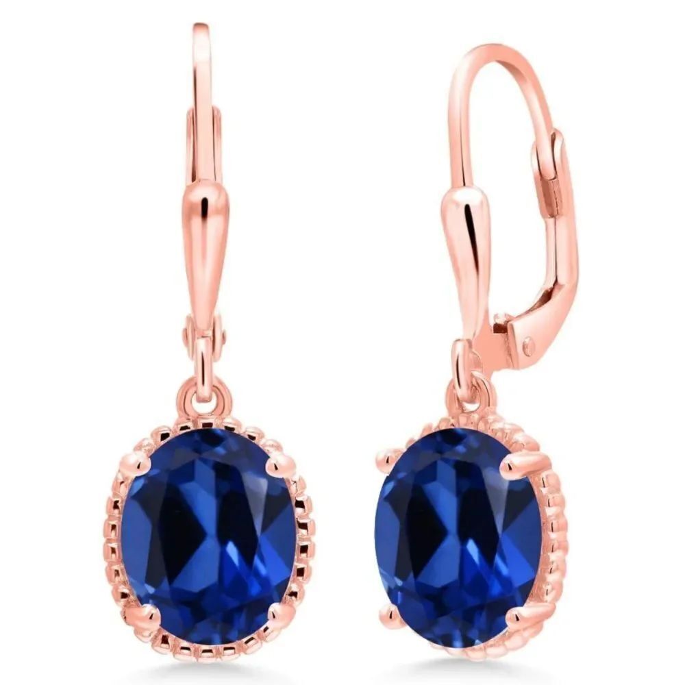 18K Rose Gold 925 with 4.60Cttw Royal Blue Sapphire Oval Leverback Hook Earrings